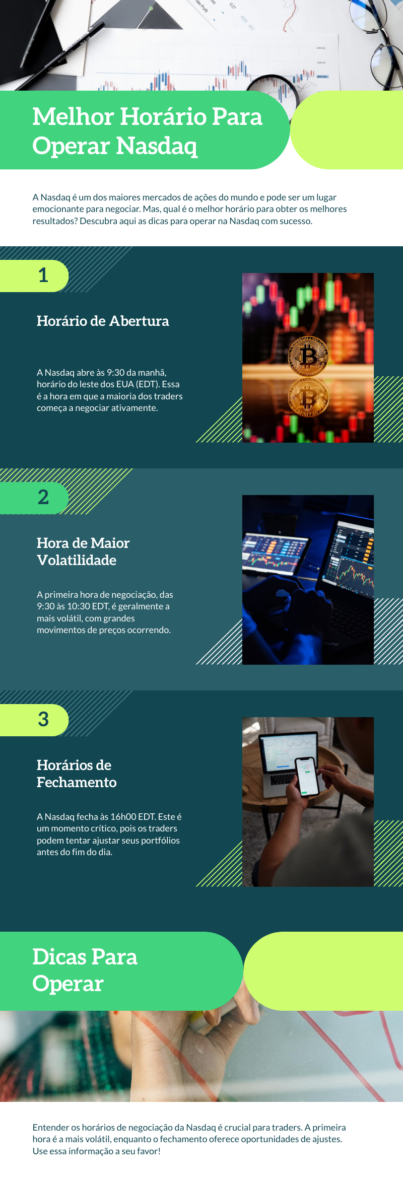 O Nasdaq geralmente apresenta maior liquidez e volatilidade durante o horário de abertura e fechamento do mercado. Os operadores devem considerar negociar entre as 9:30h e 11h e após as 15h para maximizar oportunidades de lucro.